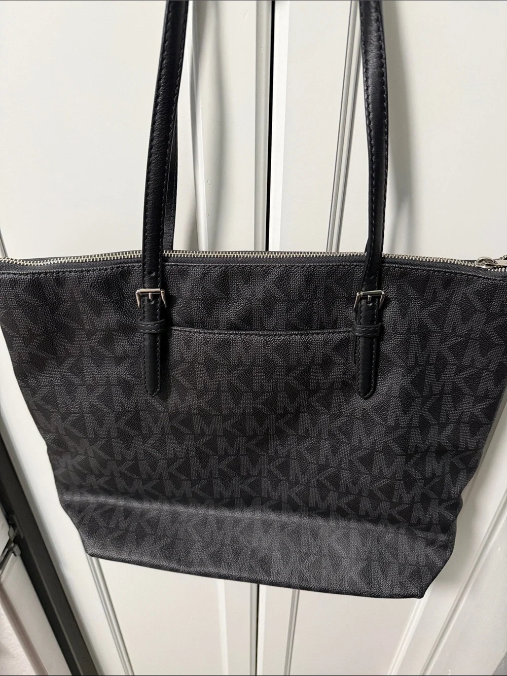 Michael Kors Black Logo Tote Bag- signature MK print; silver hardware